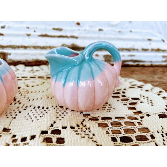 Vintage Small Melon Shaped Creamer Sugar Pink Blue - Picture 8 of 9